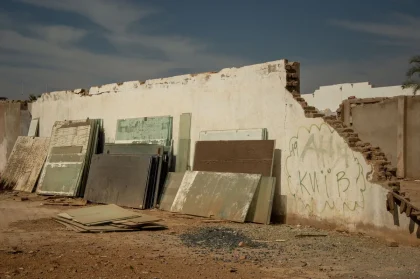 Cantiere abbandonato con macerie e impalcature in un villaggio collinare deserto