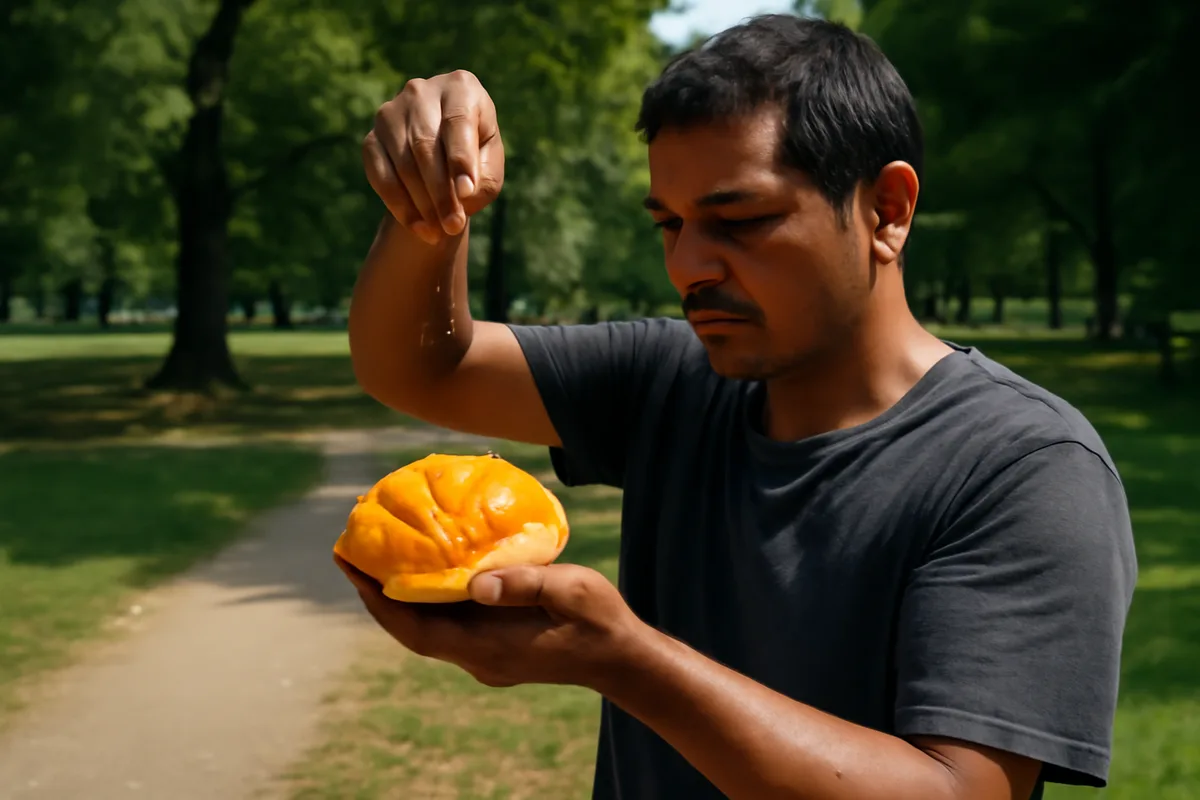 Un gusto semplice, molte implicazioni — Il gesto è immediato: mango maturo tagliato al momento, una spruzzata di succo, e una spolverata di sale che accentua la dolcezza. Per chi passeggia nel parco è un modo economico e rapido per rinfrescarsi;