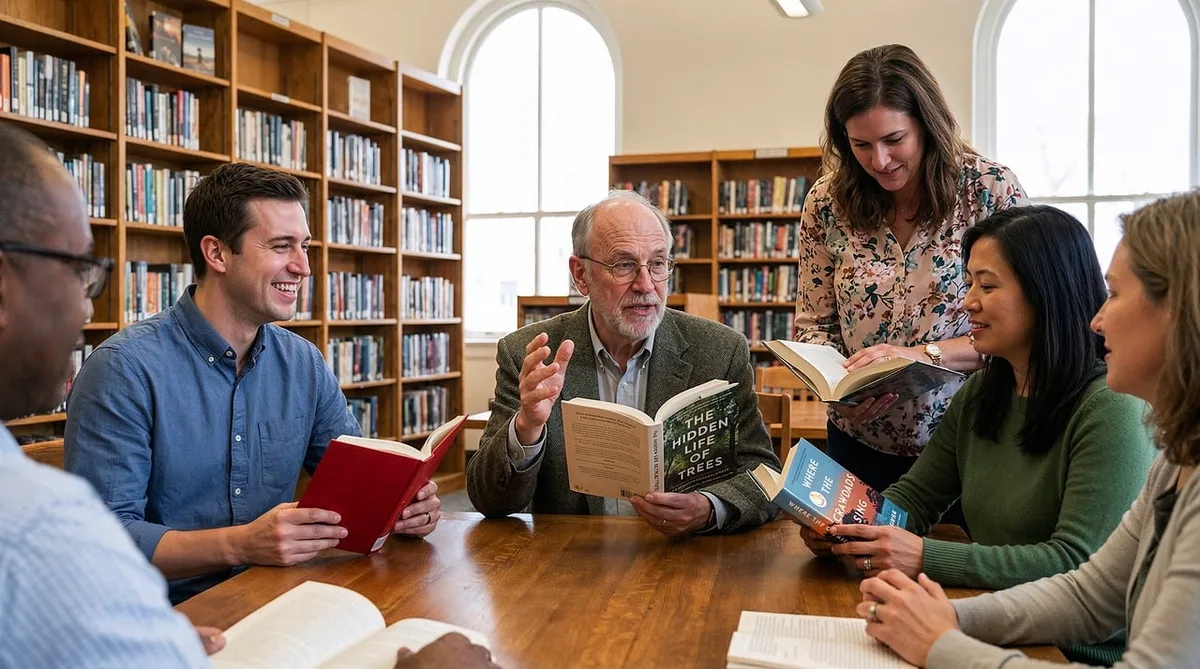 Un gruppo di persone sedute intorno a un tavolo con libri aperti, in conversazione attenta