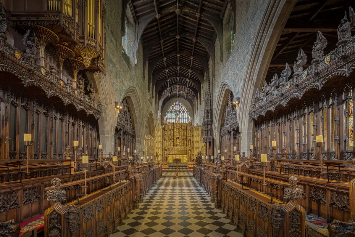 An empty historic church interior with wooden pews and a single lit altar lamp, autumn light through high windows, silent atmosphere