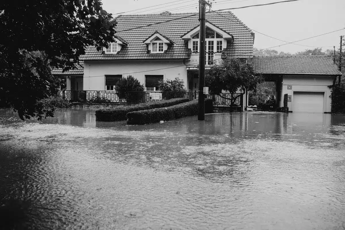 Street scene showing anonymous parked cars half-submerged, fallen branches and scattered debris, emergency lights reflected on water, no identifiable people