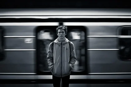 Vaghe silhouette di pendolari vicino a tornelli chiusi in una stazione della metropolitana