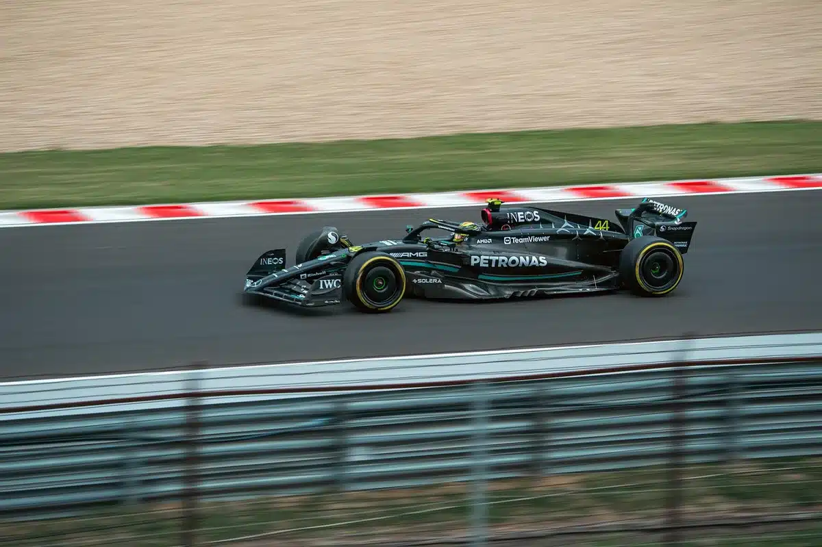 Monoposto anonima su tratto misto di circuito con rettilineo e curva lenta