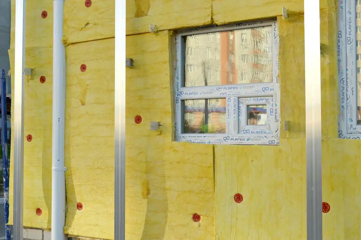 Operai e ponteggio durante lavori di riqualificazione energetica su un edificio residenziale